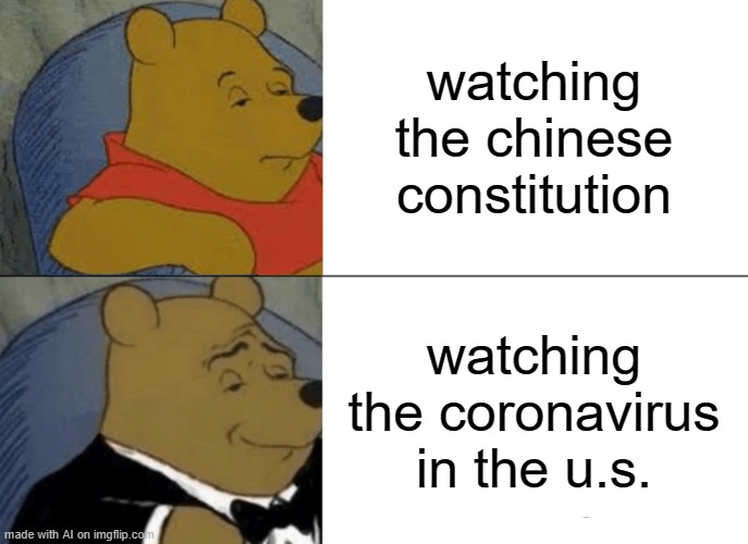 bruh cant believe that AI made this | watching the chinese constitution; watching the coronavirus in the u.s. | image tagged in memes,tuxedo winnie the pooh,ai meme,corona,coronavirus,why are you reading this | made w/ Imgflip meme maker
