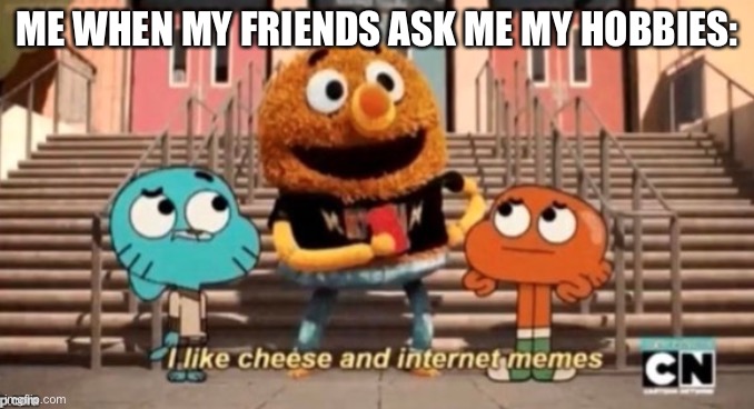 E | ME WHEN MY FRIENDS ASK ME MY HOBBIES: | image tagged in i like cheese and internet memes | made w/ Imgflip meme maker