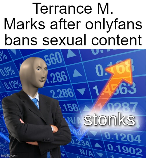 he owns hooters btw | Terrance M. Marks after onlyfans bans sexual content | image tagged in stonks | made w/ Imgflip meme maker