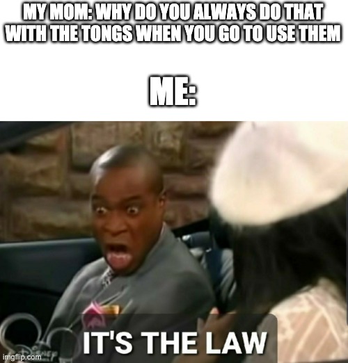 It's the law | MY MOM: WHY DO YOU ALWAYS DO THAT WITH THE TONGS WHEN YOU GO TO USE THEM ME: | image tagged in it's the law | made w/ Imgflip meme maker
