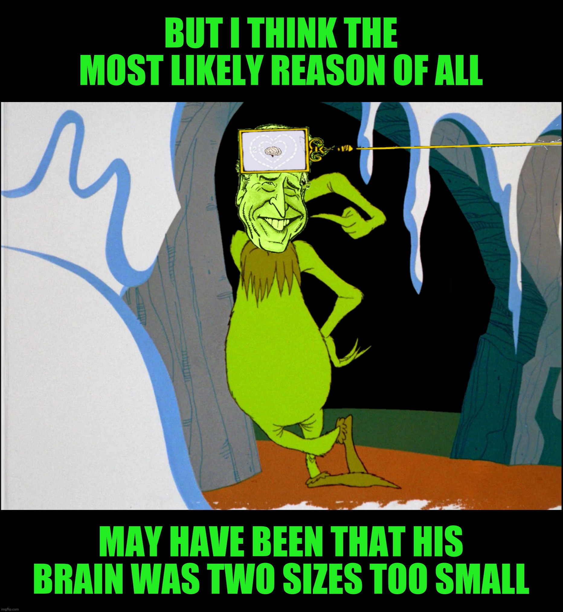 Bad Photoshop Sunday presents:  "It could be his head wasn't screwed on just right" | BUT I THINK THE MOST LIKELY REASON OF ALL; MAY HAVE BEEN THAT HIS BRAIN WAS TWO SIZES TOO SMALL | image tagged in bad photoshop sunday,joe biden,how the grinch stole christmas,brain | made w/ Imgflip meme maker
