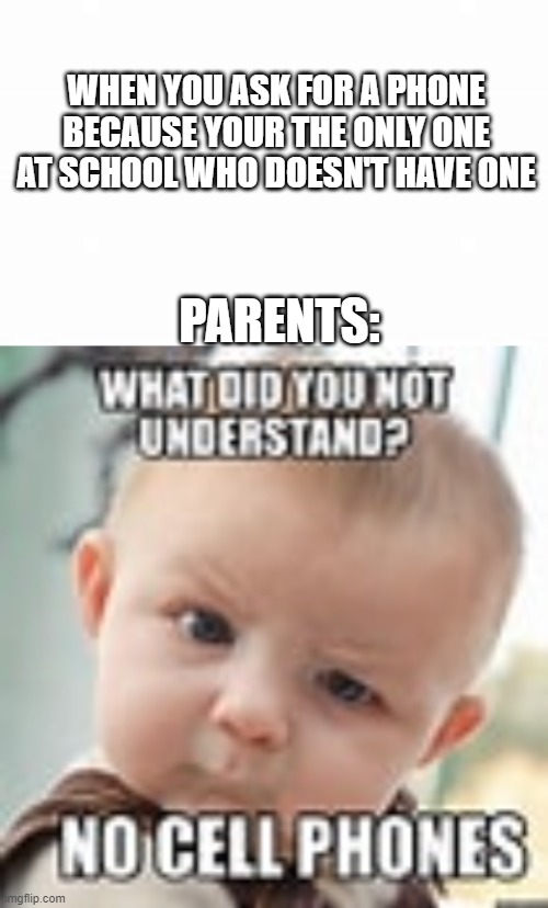 C'mon mom | WHEN YOU ASK FOR A PHONE BECAUSE YOUR THE ONLY ONE AT SCHOOL WHO DOESN'T HAVE ONE; PARENTS: | image tagged in no cell phone for you | made w/ Imgflip meme maker