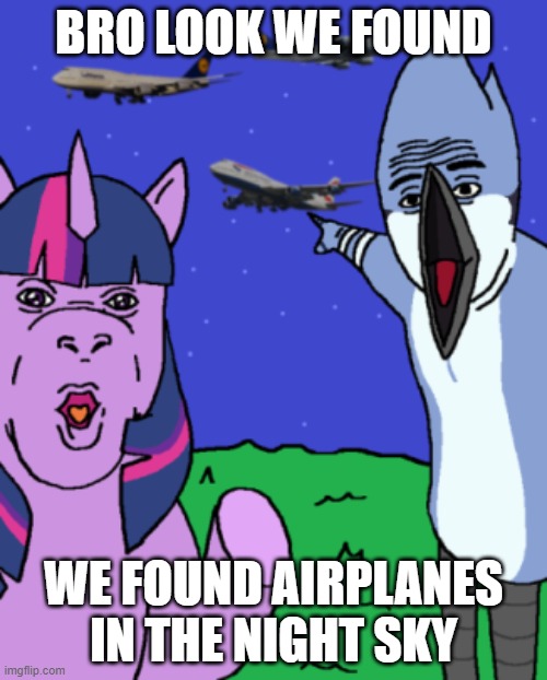 night sky | BRO LOOK WE FOUND; WE FOUND AIRPLANES IN THE NIGHT SKY | image tagged in twilight sparkle,mordecai,mordetwi,airplane in the night sky | made w/ Imgflip meme maker