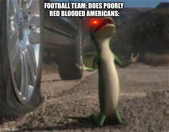 Gonna try making this a template | FOOTBALL TEAM: DOES POORLY 
RED BLOODED AMERICANS: | image tagged in geico gecko,nfl | made w/ Imgflip meme maker