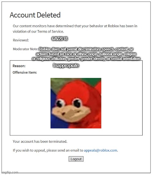 banned from ROBLOX | 6/8/2018; Roblox does not permit discriminatory speech, content, or actions based on race or ethnic origin, national origin, religion or religious affiliation, gender, gender identity, or sexual orientation; Inappropiate | image tagged in banned from roblox | made w/ Imgflip meme maker