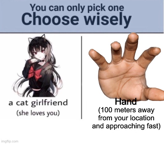 Choose wisely | Hand; (100 meters away from your location and approaching fast) | image tagged in choose wisely | made w/ Imgflip meme maker