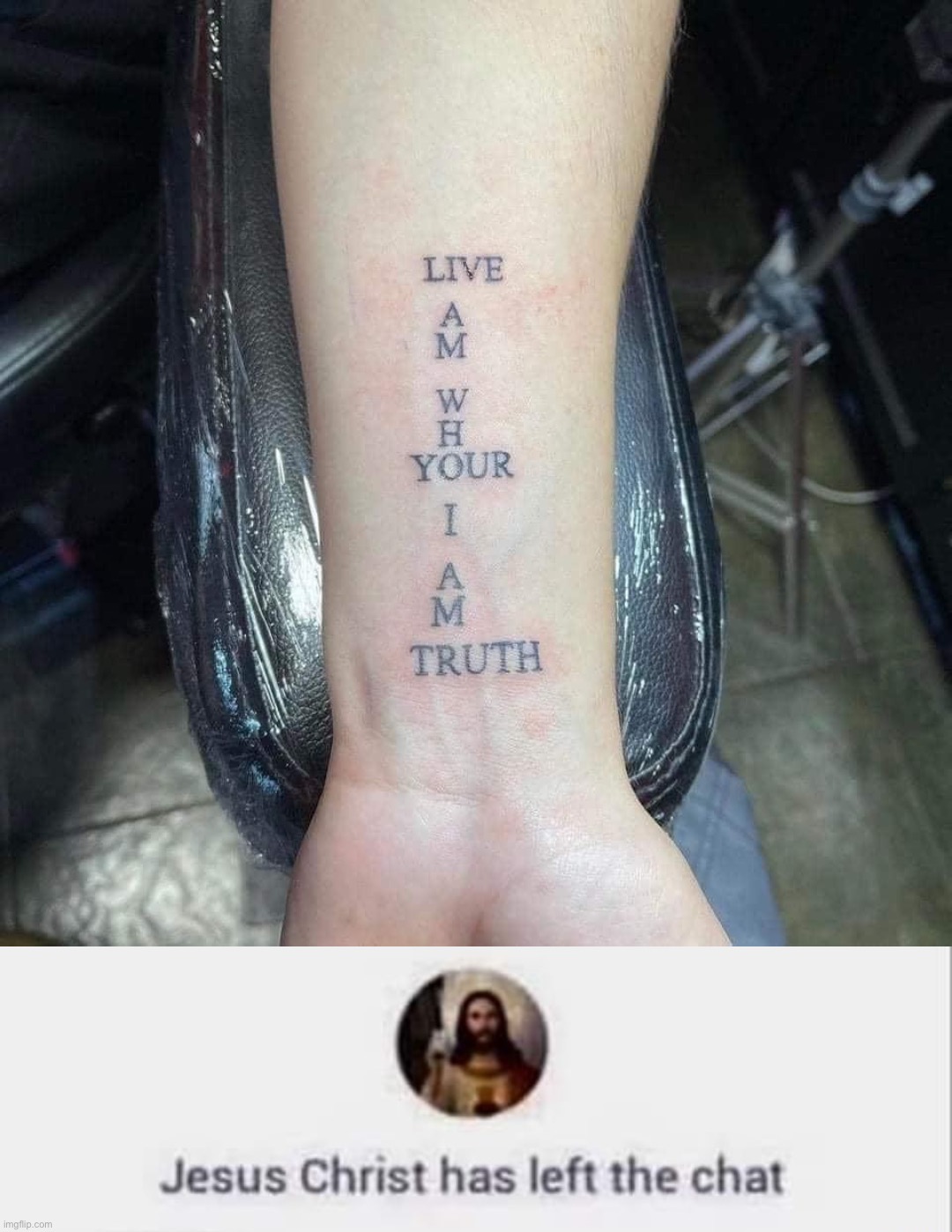 so painful | image tagged in fail tattoo,jesus has left the chat,repost,tattoos,tattoo,bad tattoos | made w/ Imgflip meme maker