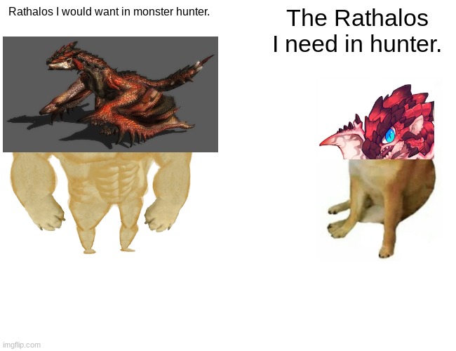 GAH! IT'S FRICKIN TRUE! | Rathalos I would want in monster hunter. The Rathalos I need in hunter. | image tagged in memes,buff doge vs cheems | made w/ Imgflip meme maker