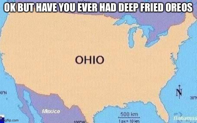 ohio | OK BUT HAVE YOU EVER HAD DEEP FRIED OREOS | image tagged in ohio | made w/ Imgflip meme maker