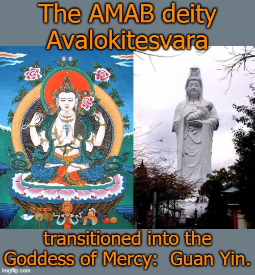 She is also known as Kannon. | The AMAB deity Avalokitesvara; transitioned into the Goddess of Mercy:  Guan Yin. | image tagged in buddhism,transgender,mythology | made w/ Imgflip meme maker