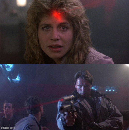 Terminator Pointing Gun At Sarah Connor Blank Meme Template