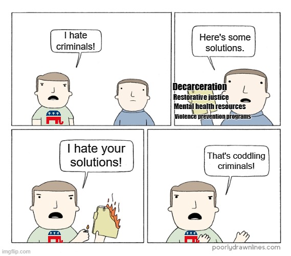 Conservatives don't actually care about solving crime, they want to continue destroying lives. | Here's some solutions. I hate criminals! Decarceration; Restorative justice; Mental health resources; Violence prevention programs; I hate your solutions! That's coddling criminals! | image tagged in i don't want a solution_blank,mass incarceration,prison,prisoners,criminals,conservative logic | made w/ Imgflip meme maker
