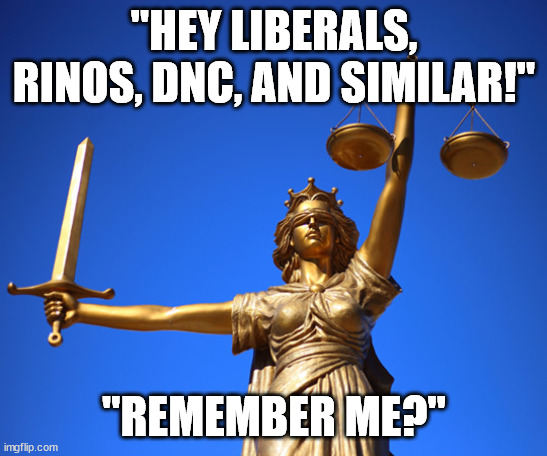 blindfolded Lady Justice sword and scales | "HEY LIBERALS, RINOS, DNC, AND SIMILAR!" "REMEMBER ME?" | image tagged in blindfolded lady justice sword and scales | made w/ Imgflip meme maker