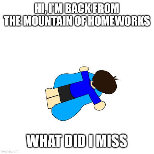 A | HI, I’M BACK FROM THE MOUNTAIN OF HOMEWORKS; WHAT DID I MISS | image tagged in sad | made w/ Imgflip meme maker