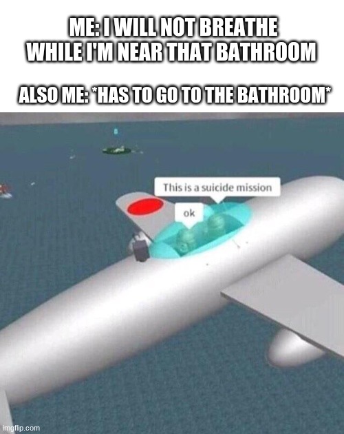 seriously though it was stanky | ME: I WILL NOT BREATHE WHILE I'M NEAR THAT BATHROOM; ALSO ME: *HAS TO GO TO THE BATHROOM* | image tagged in this is a suicide mission ok,bathroom | made w/ Imgflip meme maker