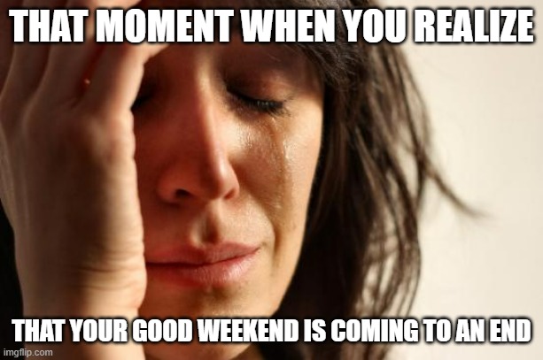 Everybody knows the feeling | THAT MOMENT WHEN YOU REALIZE; THAT YOUR GOOD WEEKEND IS COMING TO AN END | image tagged in memes,first world problems,relatable,weekend | made w/ Imgflip meme maker