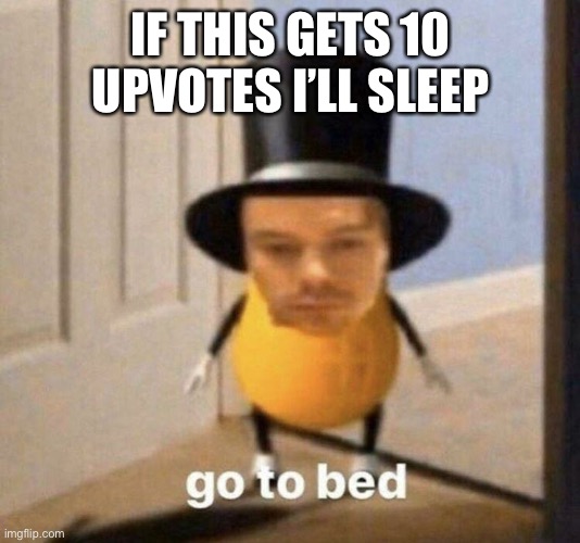go to bed | IF THIS GETS 10 UPVOTES I’LL SLEEP | image tagged in go to bed | made w/ Imgflip meme maker