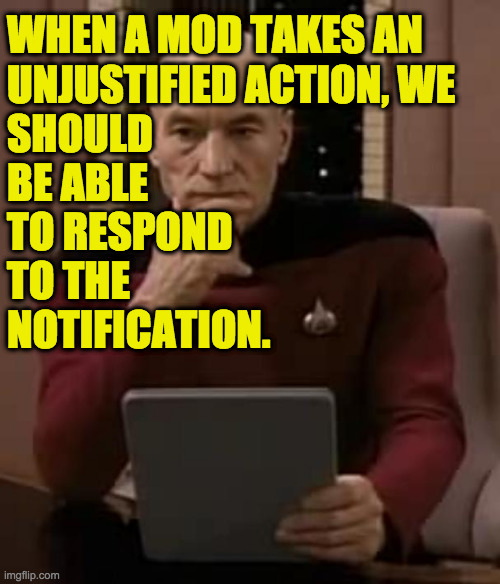 Some infer intent or meanings that just aren't there. | WHEN A MOD TAKES AN
UNJUSTIFIED ACTION, WE
SHOULD
BE ABLE
TO RESPOND
TO THE
NOTIFICATION. | image tagged in picard thinking,memes,mods | made w/ Imgflip meme maker