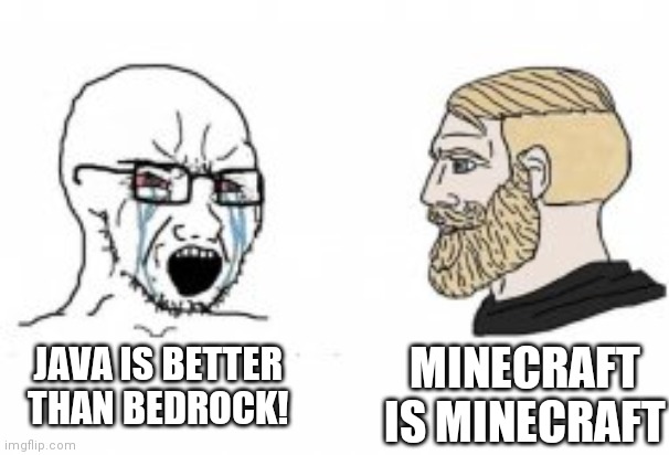 Java vs Bedrock | MINECRAFT IS MINECRAFT; JAVA IS BETTER THAN BEDROCK! | image tagged in yes chad | made w/ Imgflip meme maker