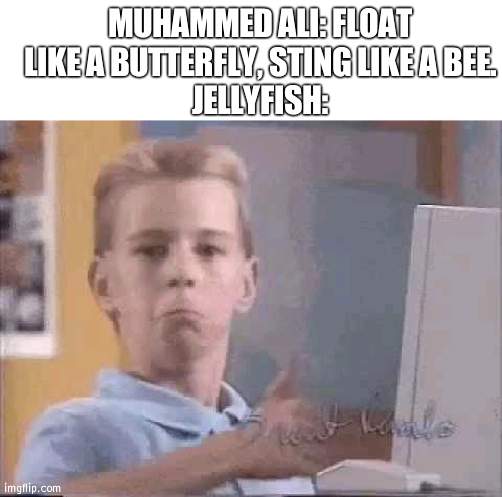 y e s | MUHAMMED ALI: FLOAT LIKE A BUTTERFLY, STING LIKE A BEE.
JELLYFISH: | image tagged in white background,thumbs up kid | made w/ Imgflip meme maker