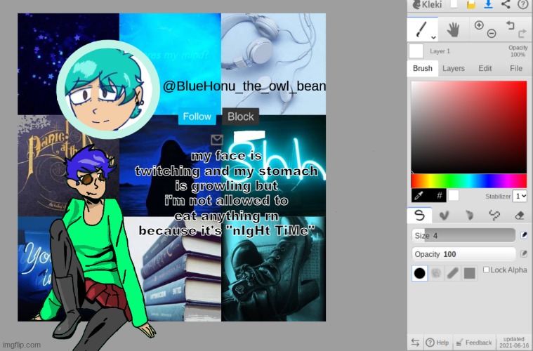 bluehonu's artist temp | my face is twitching and my stomach is growling but i'm not allowed to eat anything rn because it's "nIgHt TiMe" | image tagged in bluehonu's artist temp | made w/ Imgflip meme maker