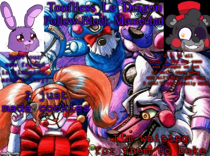 Cookies!!! | I just made cookies; I'm waiting for them to bake | image tagged in tooflless's fnaf template | made w/ Imgflip meme maker