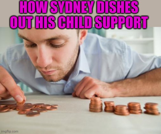 Counting pennies | HOW SYDNEY DISHES OUT HIS CHILD SUPPORT | image tagged in counting pennies | made w/ Imgflip meme maker