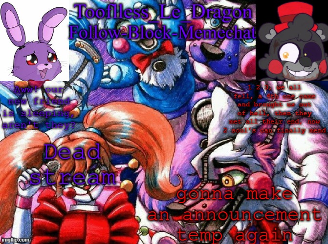 OKIE HERE I GO | Dead stream; gonna make an announcement temp again | image tagged in tooflless's fnaf template | made w/ Imgflip meme maker