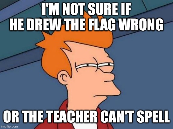 Futurama Fry Meme | I'M NOT SURE IF HE DREW THE FLAG WRONG OR THE TEACHER CAN'T SPELL | image tagged in memes,futurama fry | made w/ Imgflip meme maker