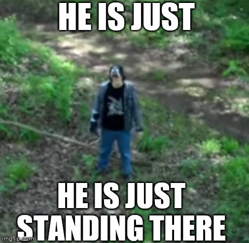 he is just | HE IS JUST; HE IS JUST STANDING THERE | image tagged in habits,funny,funny memes,horror,game,children scared of rabbit | made w/ Imgflip meme maker