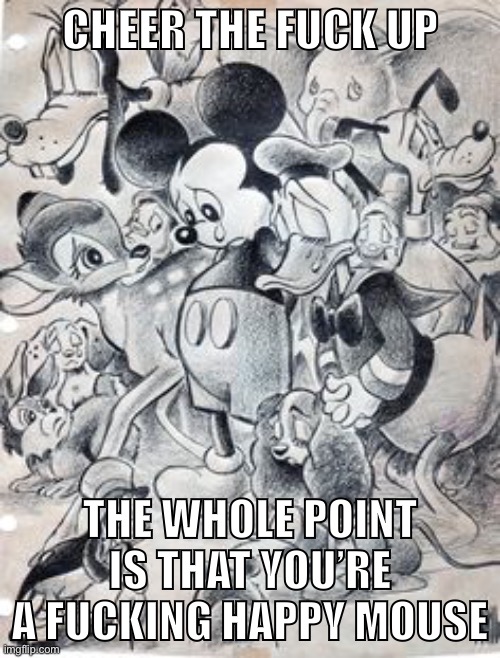 Sad day in Orlando | CHEER THE FUCK UP; THE WHOLE POINT IS THAT YOU’RE A FUCKING HAPPY MOUSE | image tagged in sad day in orlando | made w/ Imgflip meme maker