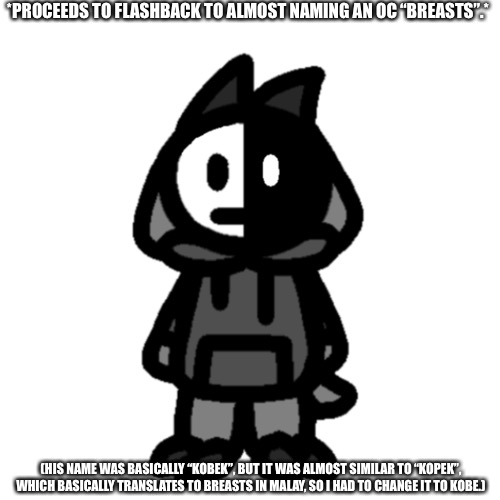 *PROCEEDS TO FLASHBACK TO ALMOST NAMING AN OC “BREASTS”.*; (HIS NAME WAS BASICALLY “KOBEK”, BUT IT WAS ALMOST SIMILAR TO “KOPEK”, WHICH BASICALLY TRANSLATES TO BREASTS IN MALAY, SO I HAD TO CHANGE IT TO KOBE.) | made w/ Imgflip meme maker