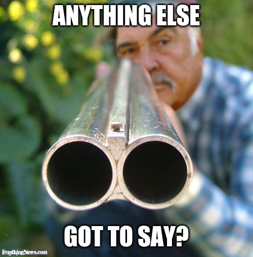 Anything else? | ANYTHING ELSE; GOT TO SAY? | image tagged in connery shotgun | made w/ Imgflip meme maker