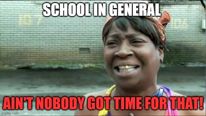 Ain't nobody got time for that. | SCHOOL IN GENERAL; AIN'T NOBODY GOT TIME FOR THAT! | image tagged in ain't nobody got time for that | made w/ Imgflip meme maker