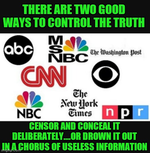 Why do all media outlets follow the same talking points in unison? Oh yeah..... | THERE ARE TWO GOOD WAYS TO CONTROL THE TRUTH; CENSOR AND CONCEAL IT DELIBERATELY....OR DROWN IT OUT IN A CHORUS OF USELESS INFORMATION | image tagged in media lies,conformity,political correctness,censorship | made w/ Imgflip meme maker