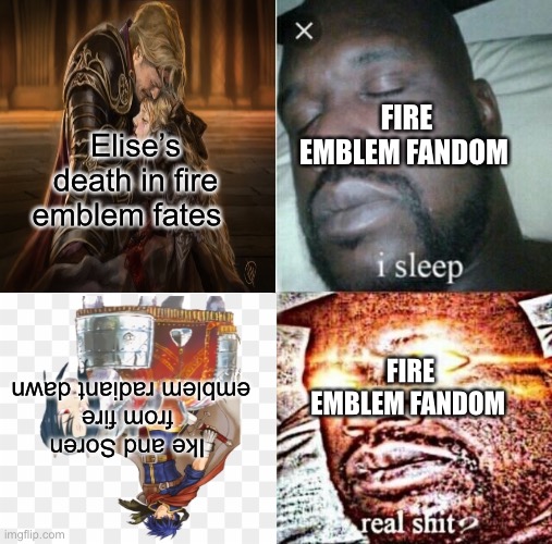 This is why fire emblem is dying | FIRE EMBLEM FANDOM; Elise’s death in fire emblem fates; FIRE EMBLEM FANDOM; Ike and Soren from fire emblem radiant dawn | image tagged in memes,sleeping shaq | made w/ Imgflip meme maker