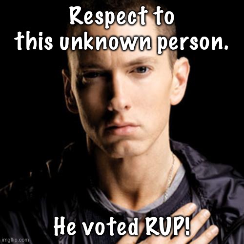 Be like this guy. Vote RUP! | Respect to this unknown person. He voted RUP! | image tagged in memes | made w/ Imgflip meme maker