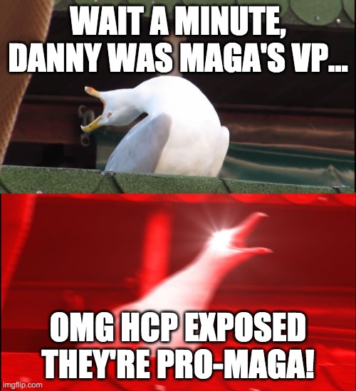 lol jk. But still, don't forget to vote Captain_PR1CE_VP_Han for President and Pollard for Congress! | WAIT A MINUTE, DANNY WAS MAGA'S VP... OMG HCP EXPOSED THEY'RE PRO-MAGA! | image tagged in vote,for,the,right,unity,party | made w/ Imgflip meme maker