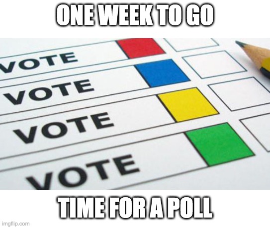 Links to the Presidential and Congressional polls are in the comment section. | ONE WEEK TO GO; TIME FOR A POLL | image tagged in vote,for,the,right,unity,party | made w/ Imgflip meme maker