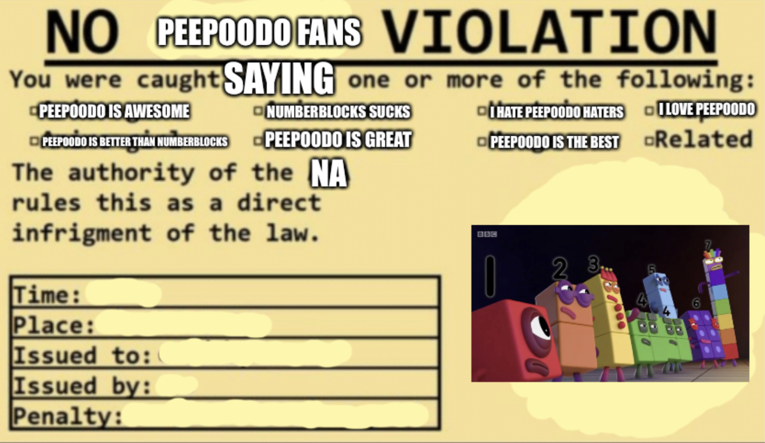 High Quality No peepoodo fans violation Blank Meme Template