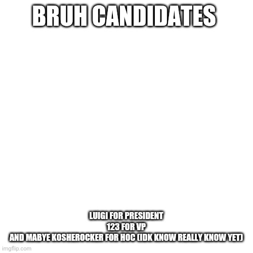 Blank Transparent Square Meme | BRUH CANDIDATES; LUIGI FOR PRESIDENT
123 FOR VP
AND MABYE KOSHEROCKER FOR HOC (IDK KNOW REALLY KNOW YET) | image tagged in memes,blank transparent square | made w/ Imgflip meme maker