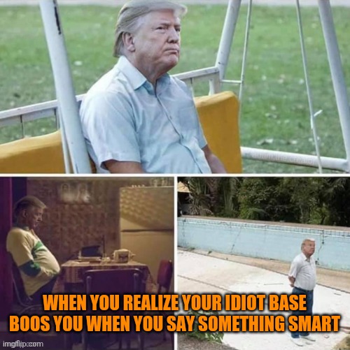 Donald realizes he must remain Lord of the idiots | WHEN YOU REALIZE YOUR IDIOT BASE BOOS YOU WHEN YOU SAY SOMETHING SMART | image tagged in sad donald escobar - an an0nym0us template | made w/ Imgflip meme maker