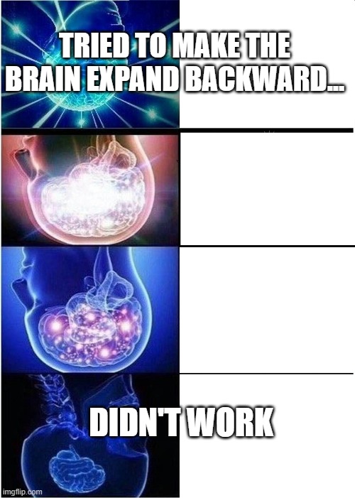 Expanding Brain | TRIED TO MAKE THE BRAIN EXPAND BACKWARD... DIDN'T WORK | image tagged in memes,expanding brain | made w/ Imgflip meme maker