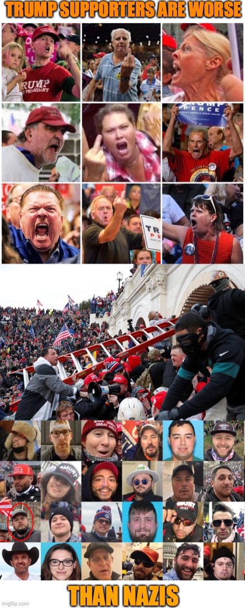 TRUMP SUPPORTERS ARE WORSE; THAN NAZIS | image tagged in blank white template,triggered trump supporters,qanon - insurrection - trump riot - sedition | made w/ Imgflip meme maker