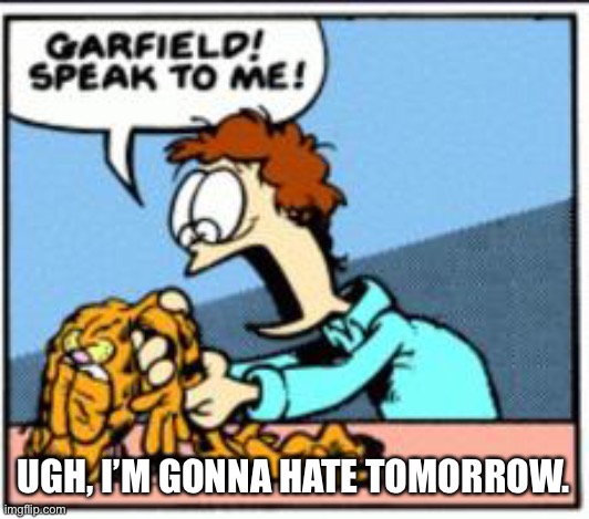 A tropical storm is heading to my home state tomorrow | UGH, I’M GONNA HATE TOMORROW. | image tagged in garfield speak to me | made w/ Imgflip meme maker