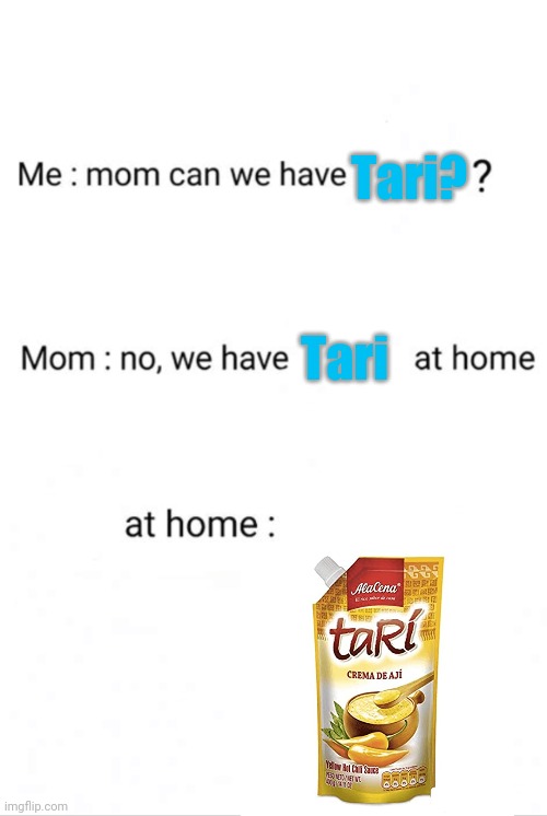 Can we have ()? No we have () at home. ()at home: | Tari? Tari | image tagged in can we have no we have at home at home | made w/ Imgflip meme maker