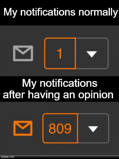 Like, bruh people can have opinions. | My notifications normally; My notifications after having an opinion | image tagged in 1 notification vs 809 notifications with message,opinion,notifications,imgflip,memes,why are you reading this | made w/ Imgflip meme maker
