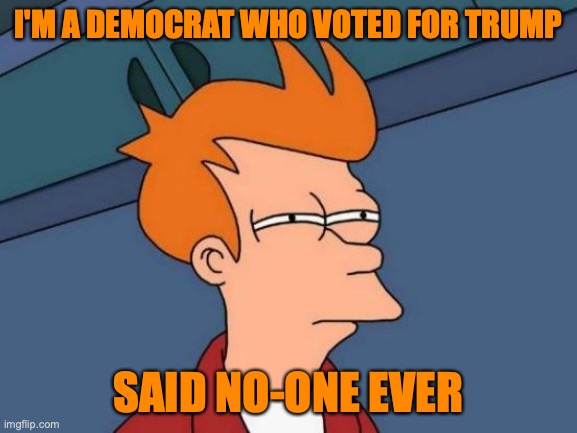 Futurama Fry Meme | I'M A DEMOCRAT WHO VOTED FOR TRUMP SAID NO-ONE EVER | image tagged in memes,futurama fry | made w/ Imgflip meme maker