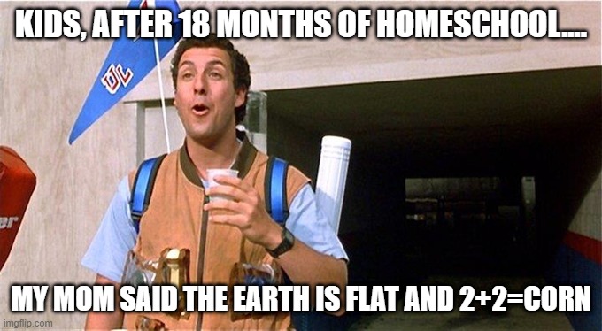 Adam Sandler Waterboy | KIDS, AFTER 18 MONTHS OF HOMESCHOOL.... MY MOM SAID THE EARTH IS FLAT AND 2+2=CORN | image tagged in adam sandler waterboy | made w/ Imgflip meme maker
