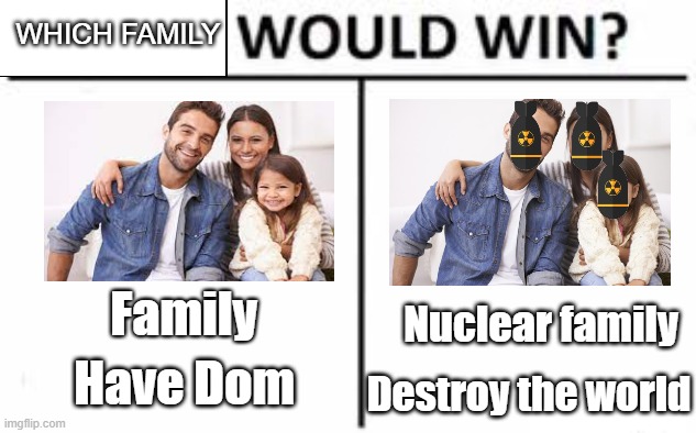 Family battle | WHICH FAMILY; Family; Nuclear family; Have Dom; Destroy the world | image tagged in who would win | made w/ Imgflip meme maker